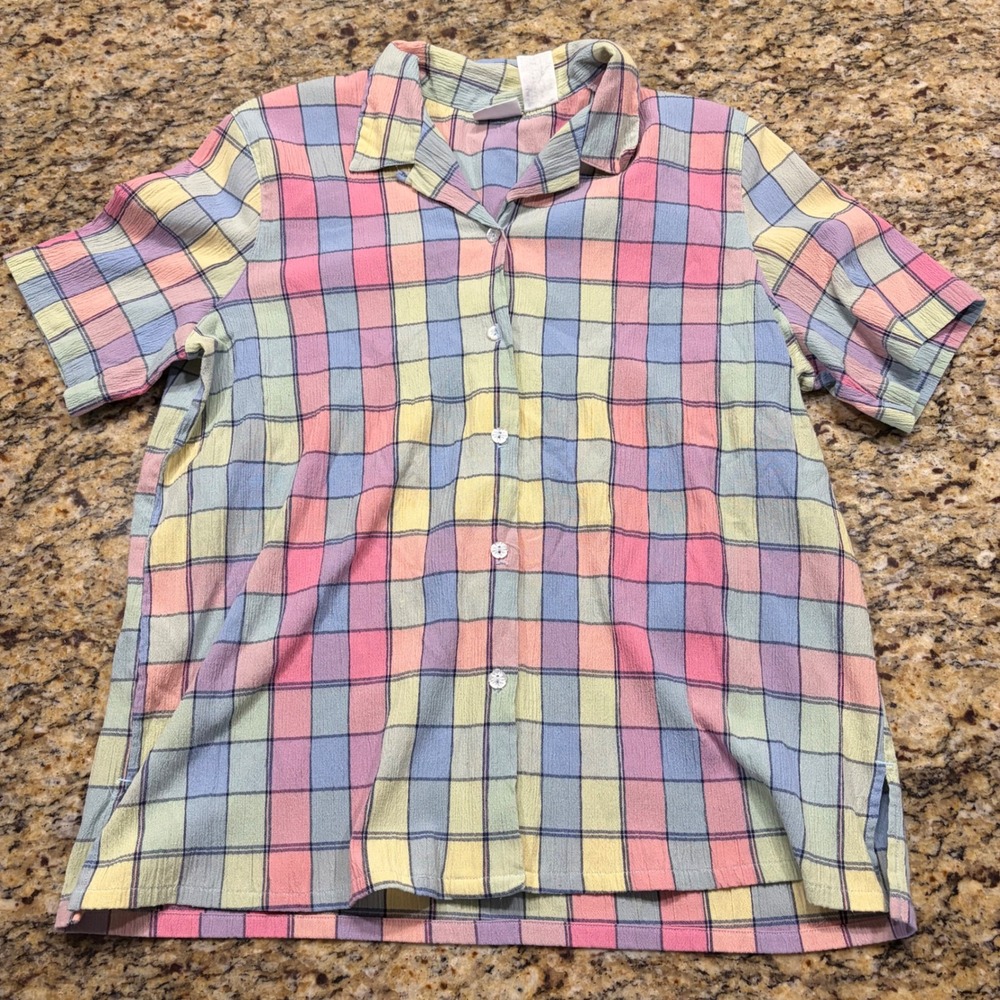 Vintage Koret Francisca Pastel Plaid Short Sleeve Button Down Shirt Textured L